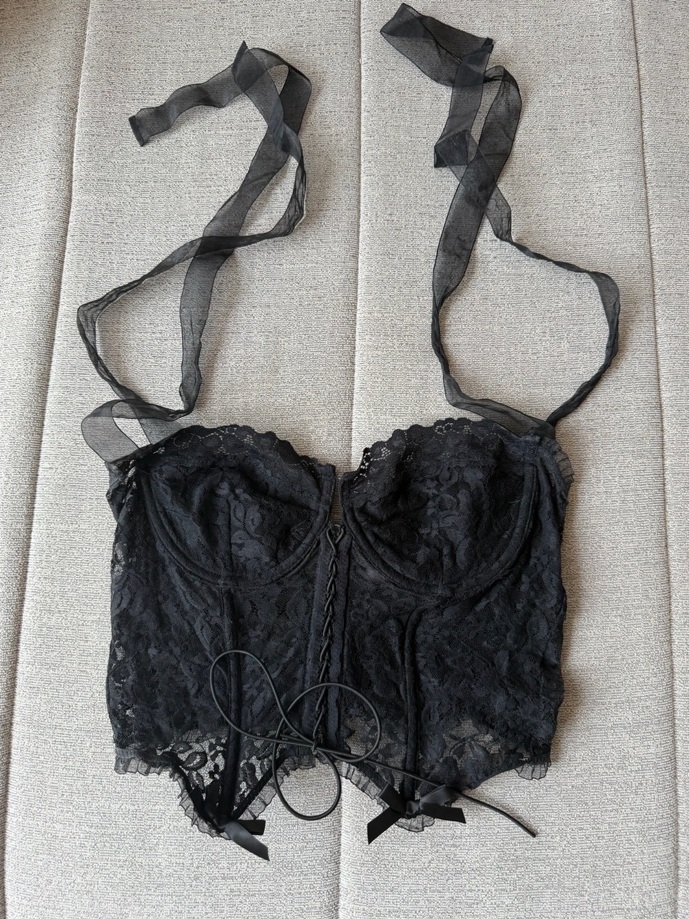 Vanessa Mooney Black Lace Bustier with Sheer Organza Ties